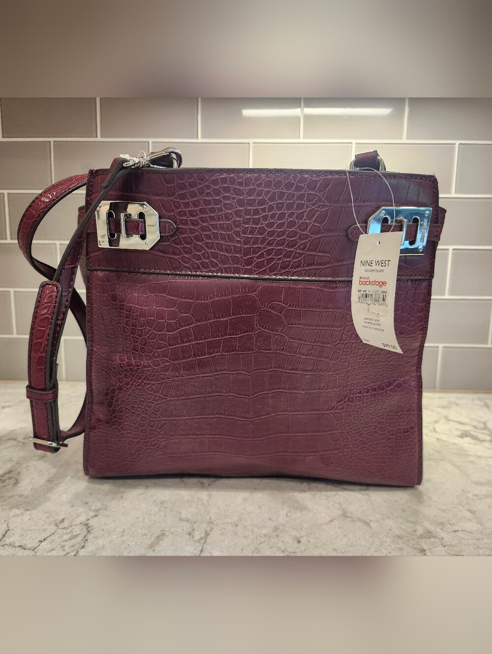 Nine West Burgundy Faux Leather Satchel Top Handle Detachable Strap Handbag NWT